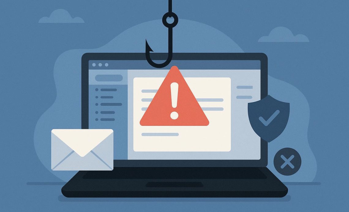 Email inbox with suspicious phishing message warning and security shield icon