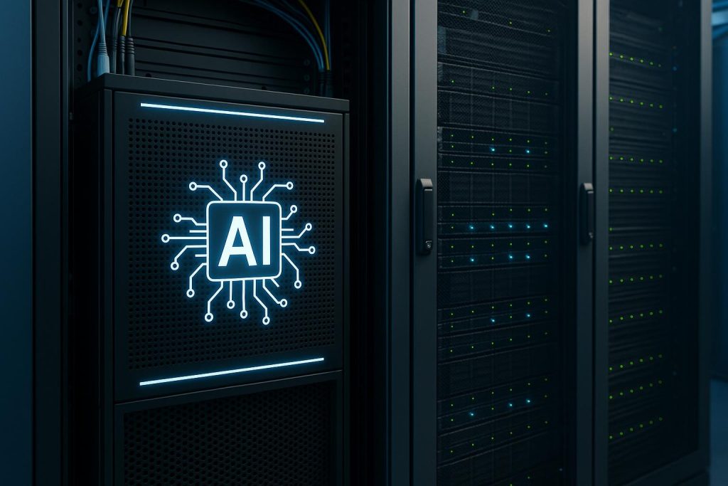 Modern AI data center with advanced cooling systems and high-density server racks