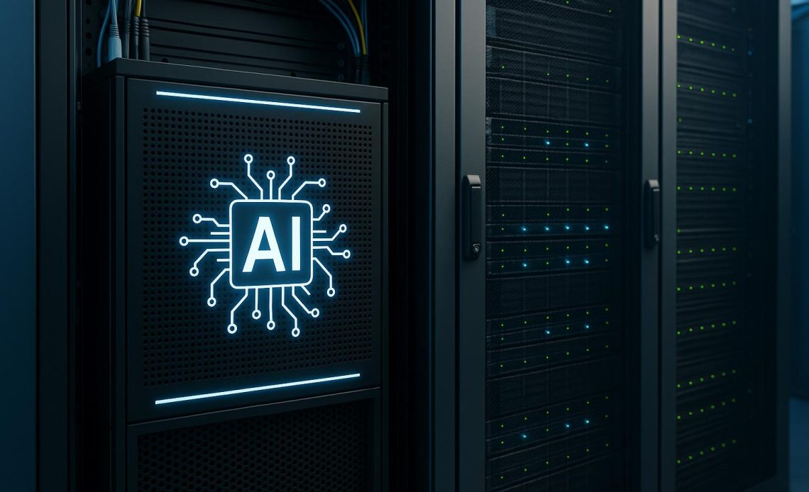 Modern AI data center with advanced cooling systems and high-density server racks