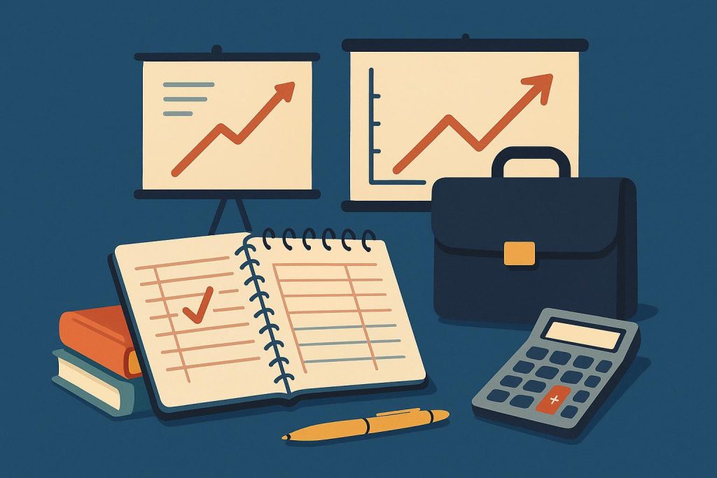 Strategic business planning tools and documents representing essential administrator skills