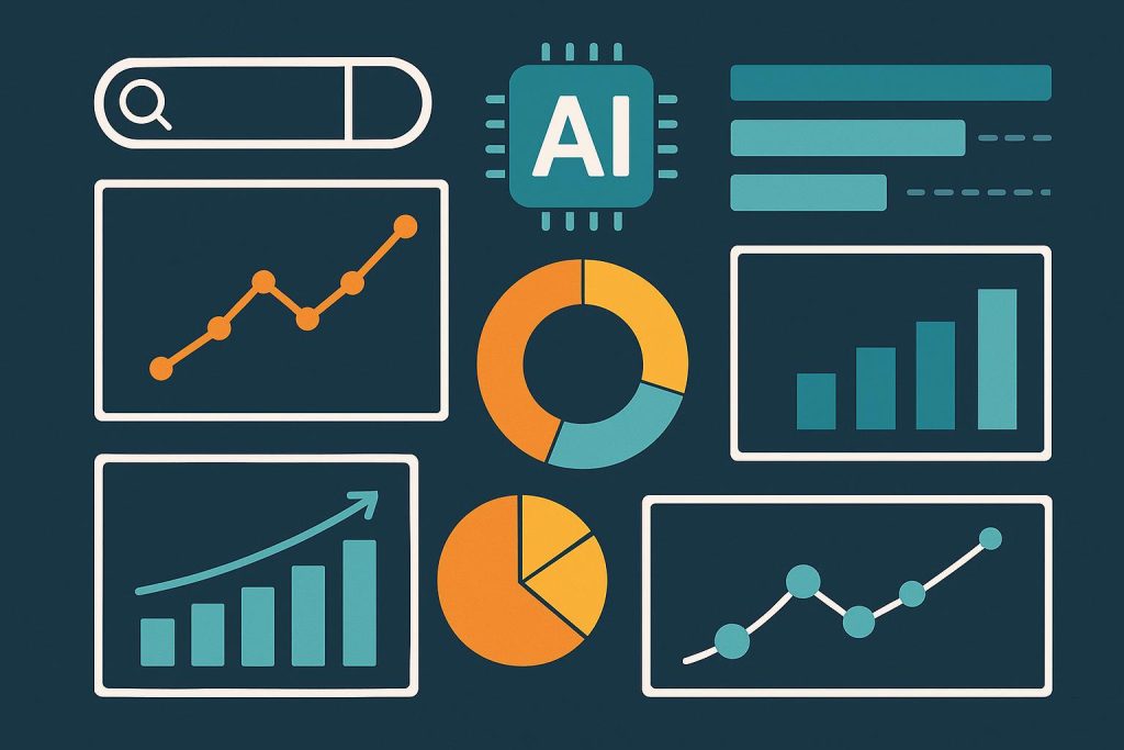 AI analytics dashboard displaying key metrics for search performance and overview analysis