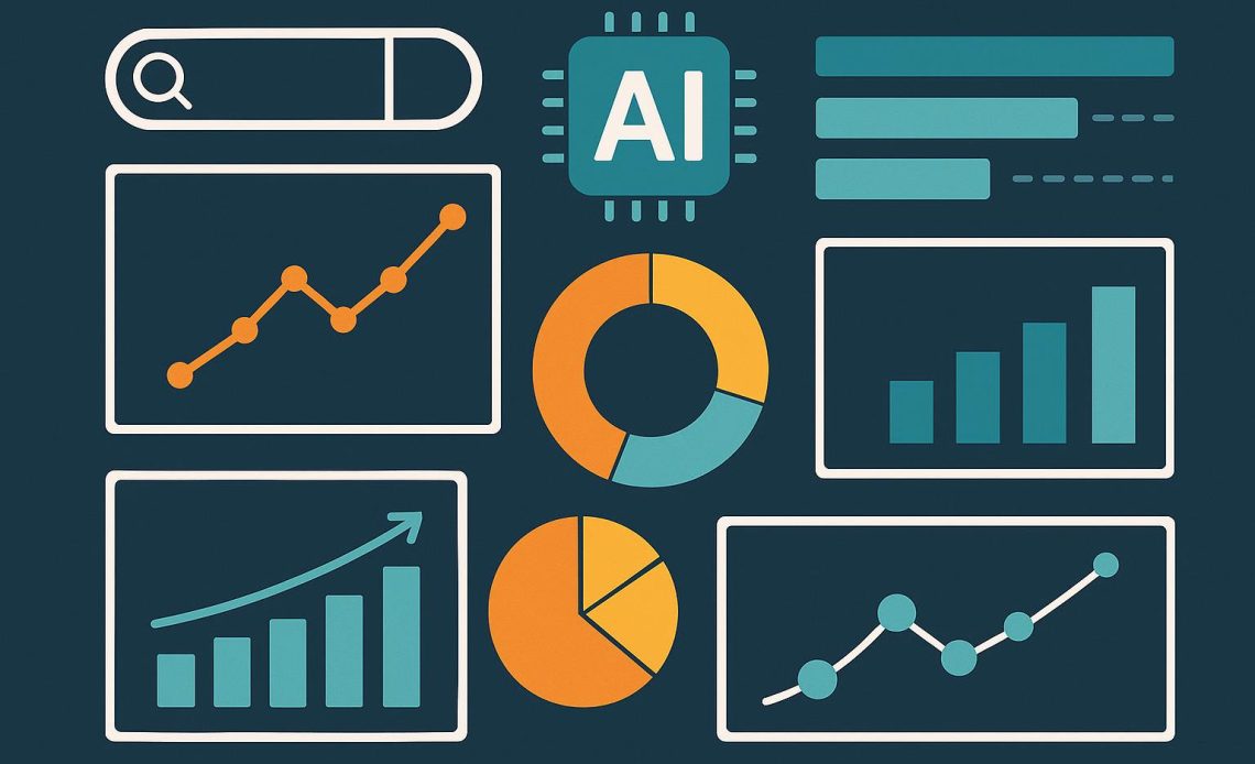 AI analytics dashboard displaying key metrics for search performance and overview analysis