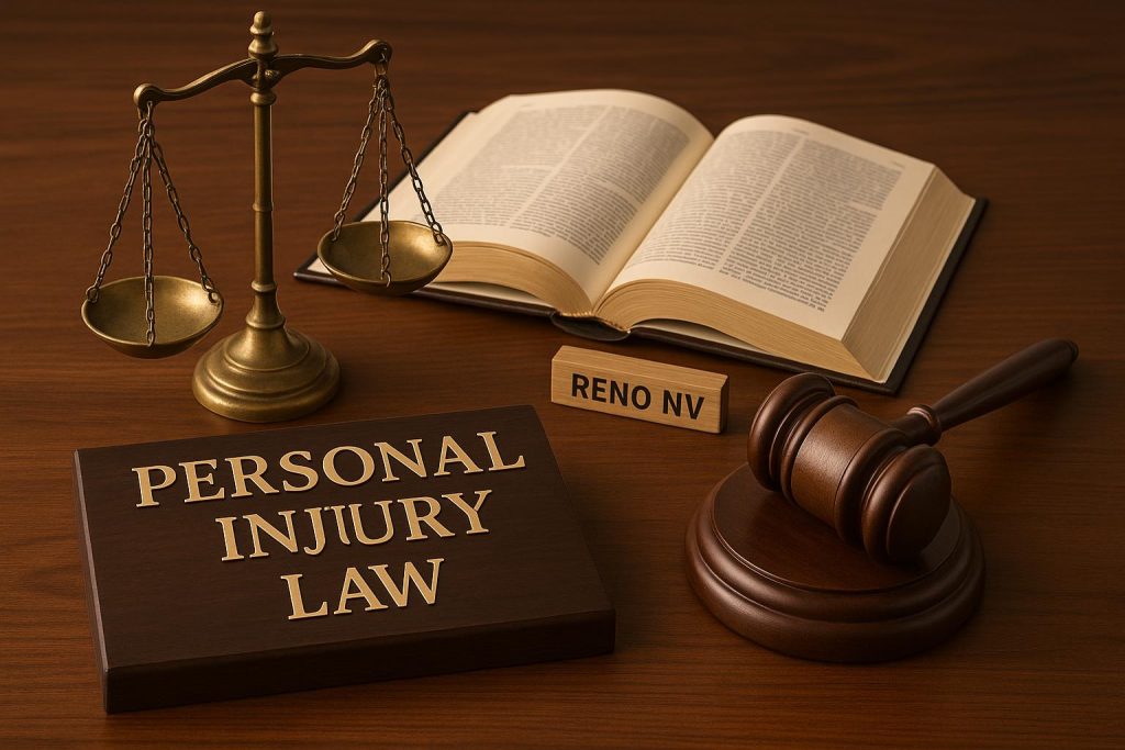 Reno skyline with scales of justice highlighting top personal injury law firms in Nevada