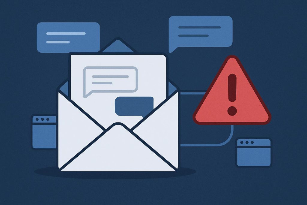Business email inbox with warning symbols illustrating conversation hijacking cybersecurity threats