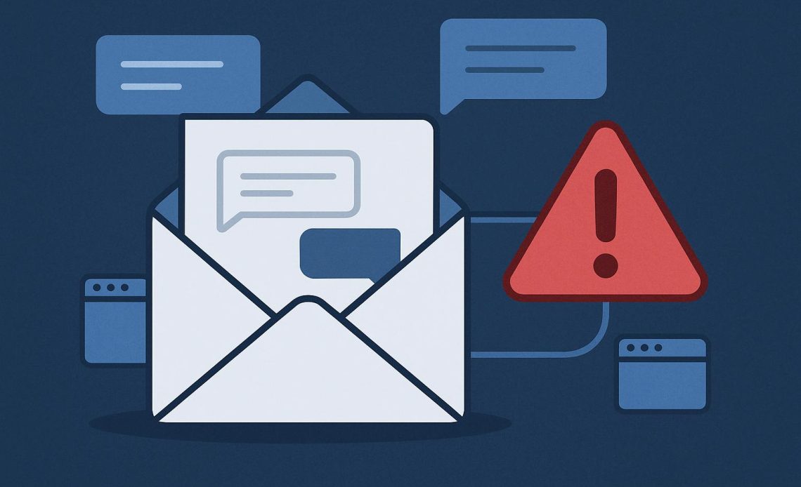 Business email inbox with warning symbols illustrating conversation hijacking cybersecurity threats