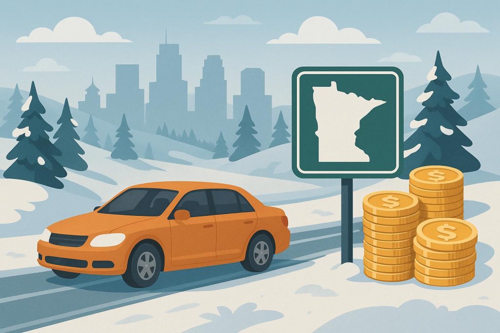 Snowy Minnesota highway with cars commuting, highlighting costs and budgeting tips for drivers