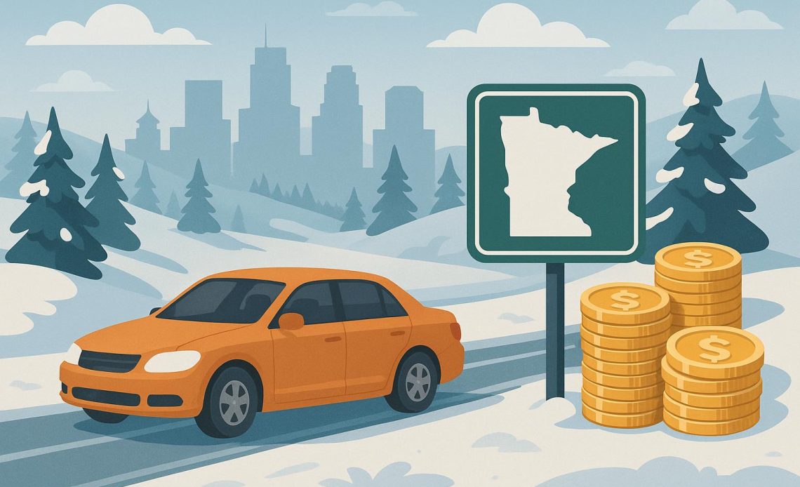 Snowy Minnesota highway with cars commuting, highlighting costs and budgeting tips for drivers