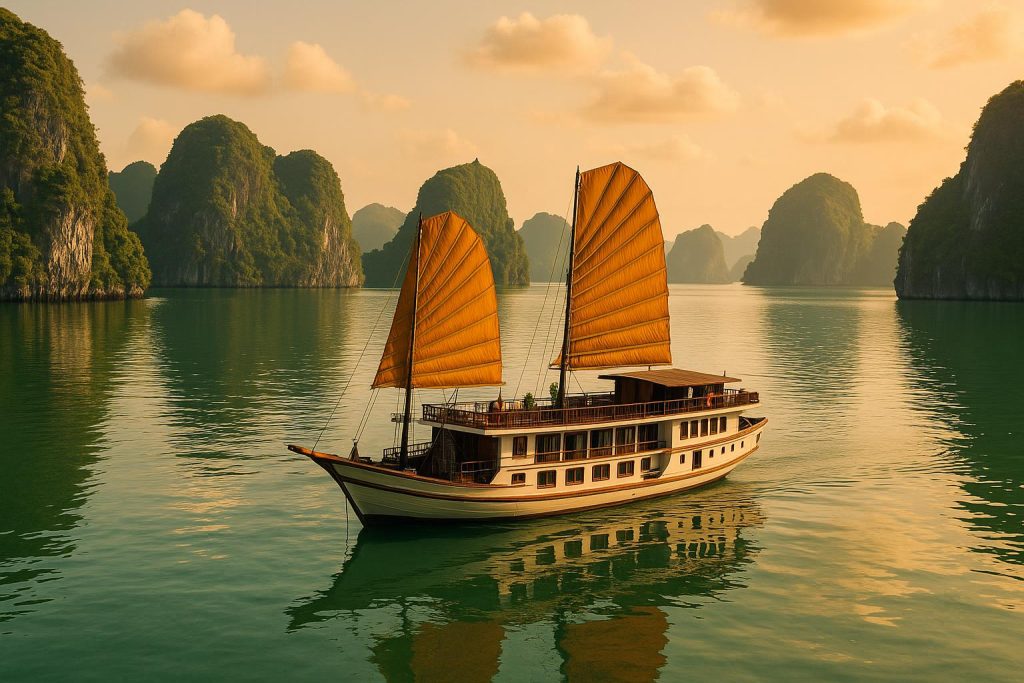 Ha Long Bay cruise ship sailing among limestone islands for Vietnam travel insurance coverage