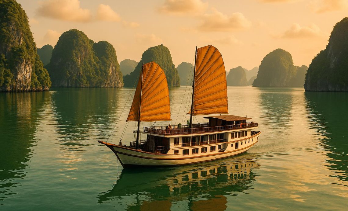 Ha Long Bay cruise ship sailing among limestone islands for Vietnam travel insurance coverage