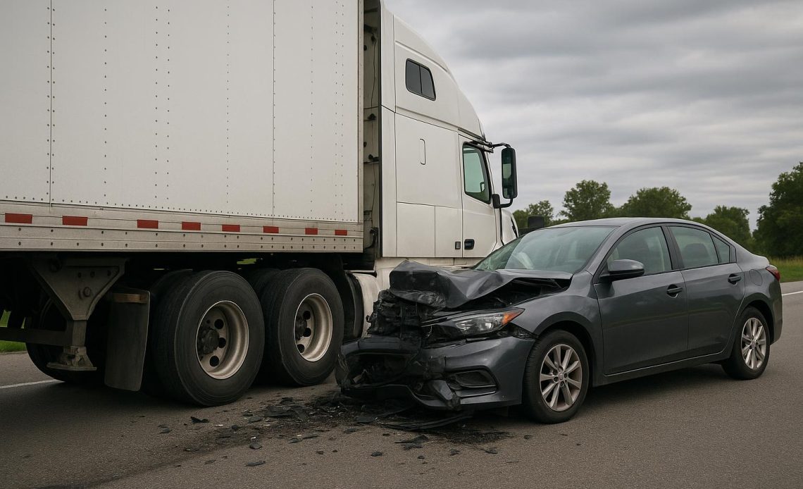 Damaged semi-truck on highway shoulder after collision, highlighting post-accident legal concerns