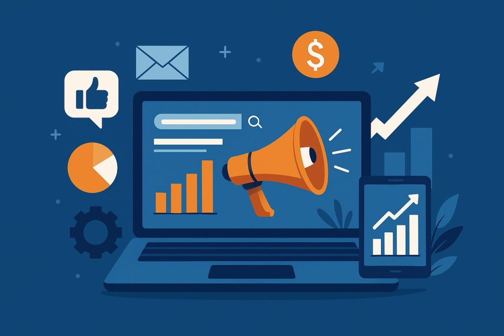 Laptop displaying digital marketing analytics and automation tools for virtual campaign management