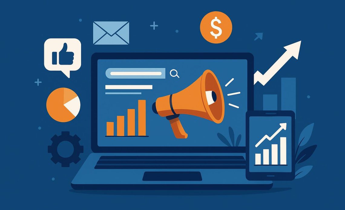 Laptop displaying digital marketing analytics and automation tools for virtual campaign management