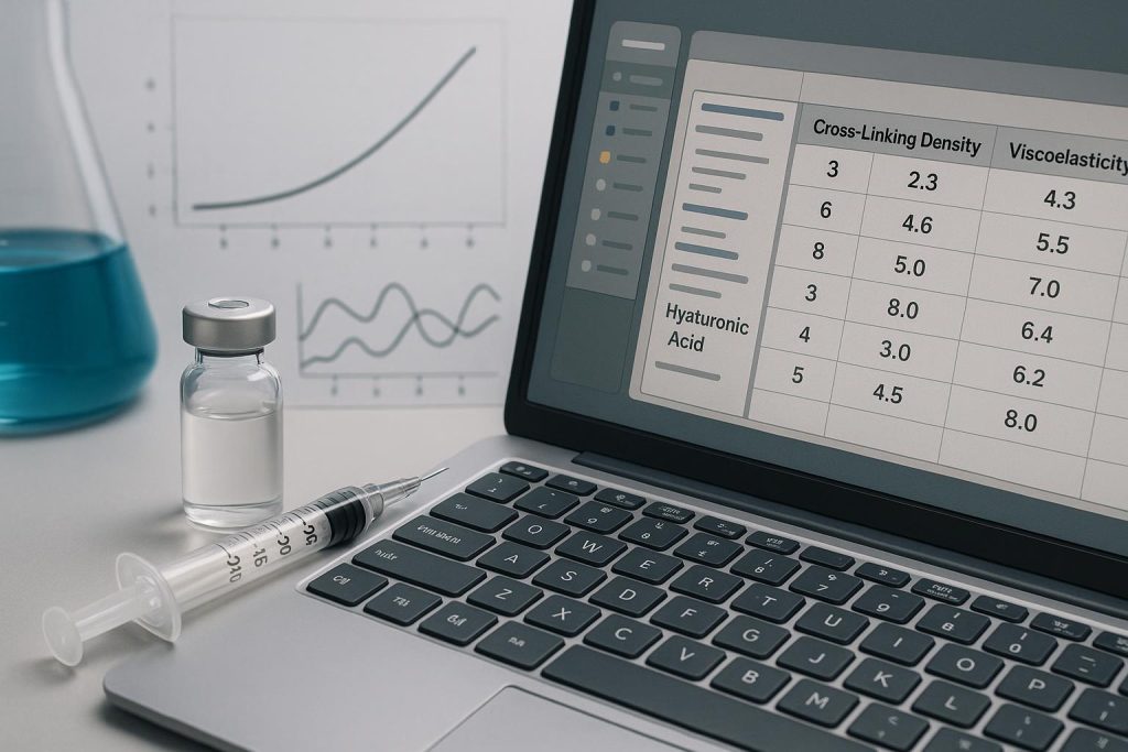 Hyaluronic acid filler vials and data charts illustrating cross-linking density and viscoelasticity
