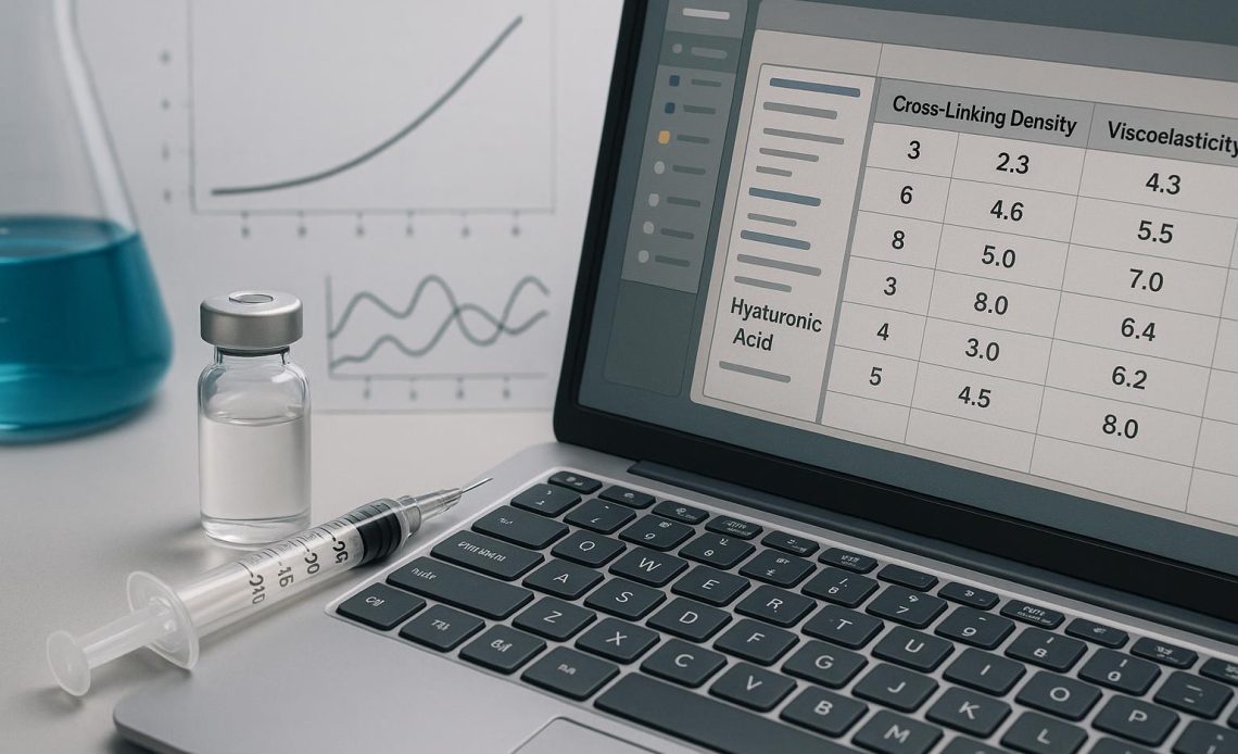 Hyaluronic acid filler vials and data charts illustrating cross-linking density and viscoelasticity
