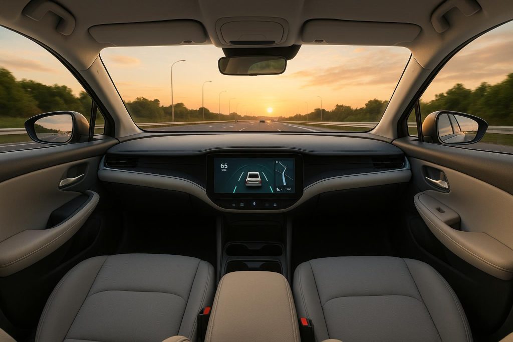 Self-driving car interior with advanced safety features and comfortable seating on city street