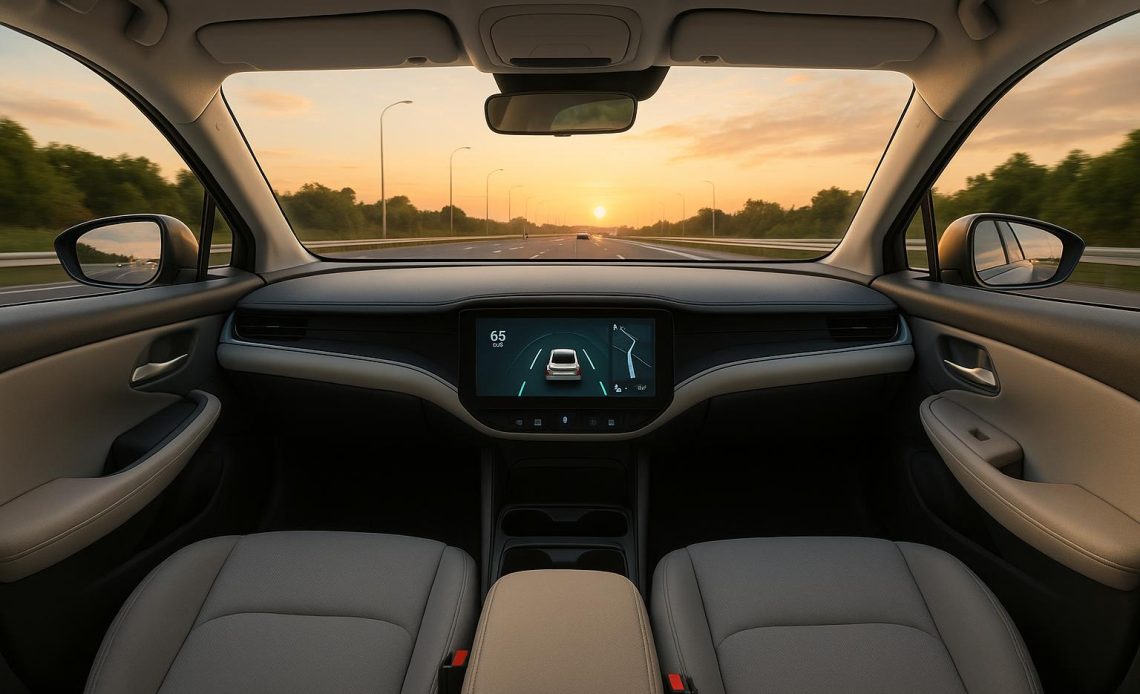 Self-driving car interior with advanced safety features and comfortable seating on city street