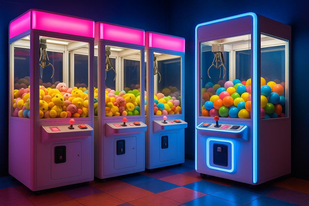 Row of colorful crane claw machines in a modern arcade area with plush toys and bright lighting