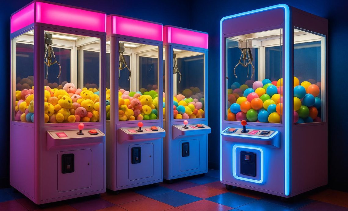 Row of colorful crane claw machines in a modern arcade area with plush toys and bright lighting