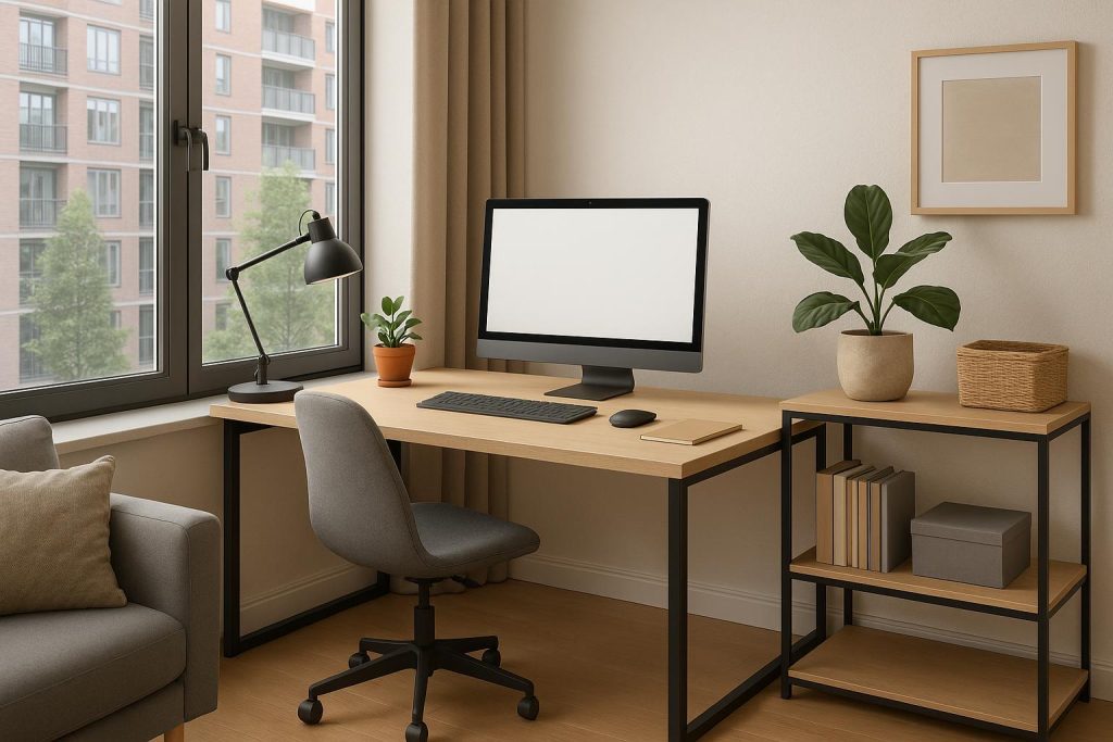 Modern home office workspace setup in a condo with desk, ergonomic chair, and laptop.