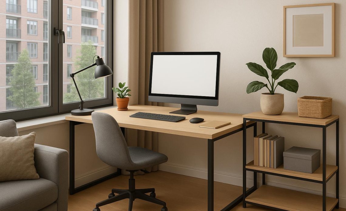 Modern home office workspace setup in a condo with desk, ergonomic chair, and laptop.