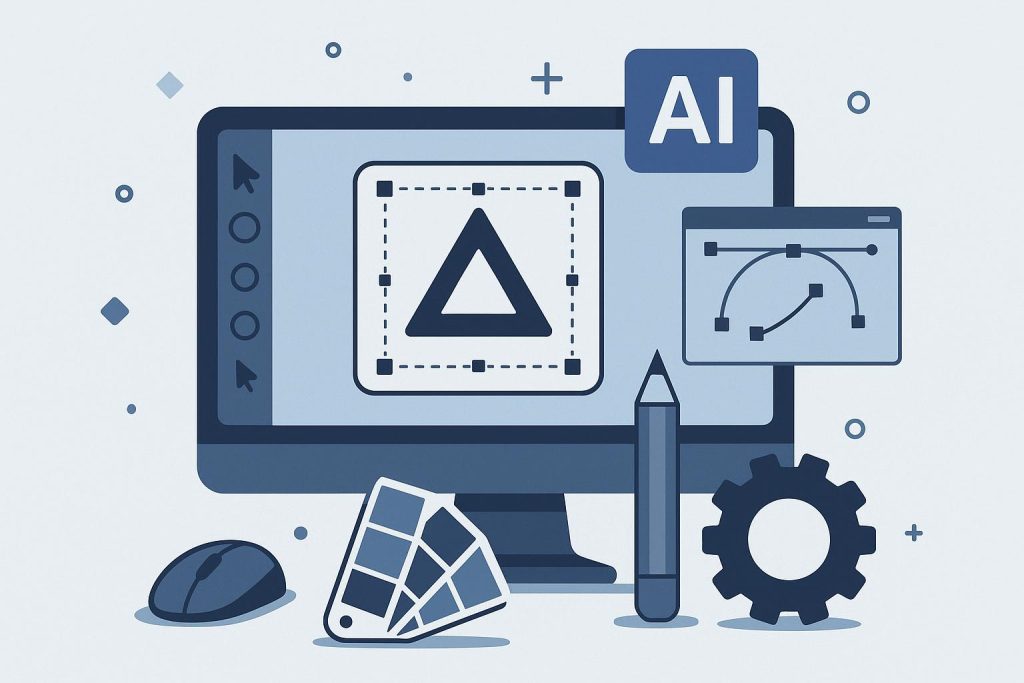 AI-powered software generating modern business logos on computer screens in a creative workspace
