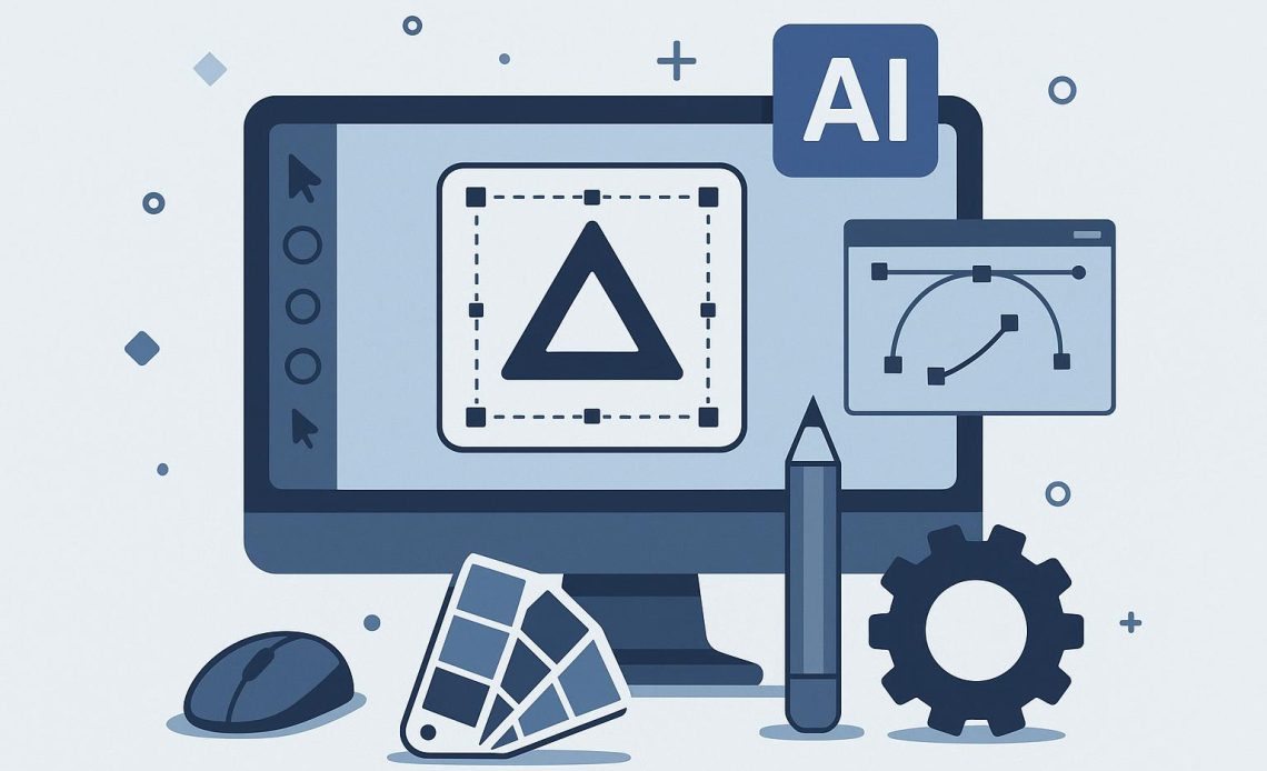 AI-powered software generating modern business logos on computer screens in a creative workspace