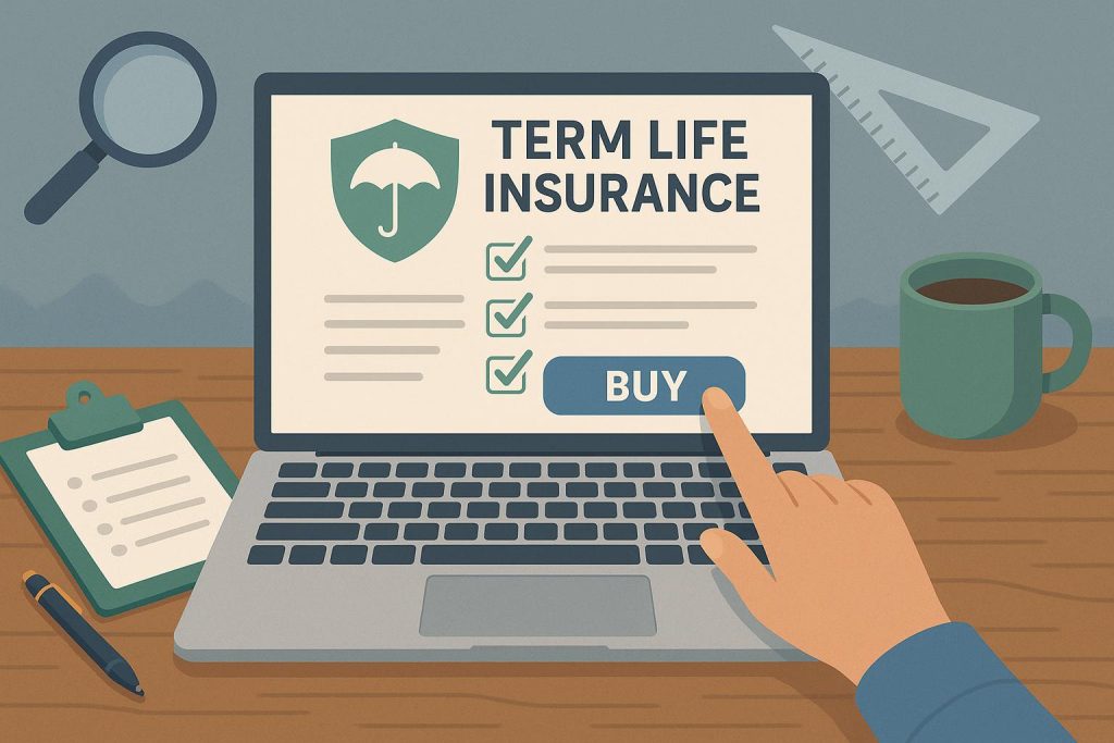 Laptop displaying term life insurance website with checklist for buying policies online safely