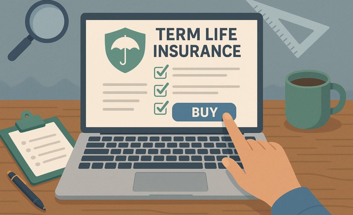 Laptop displaying term life insurance website with checklist for buying policies online safely