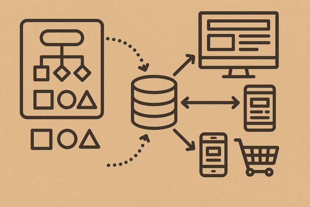 Digital channels interconnected to illustrate omnichannel content strategy and structured data flow