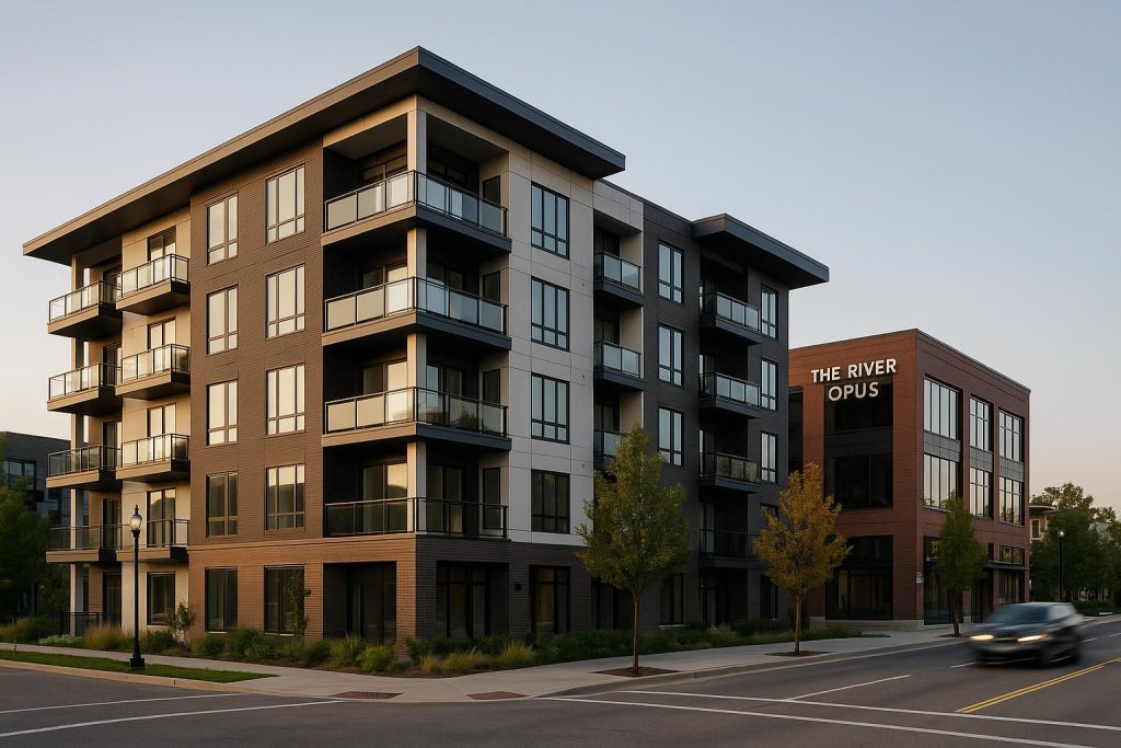 Modern residences at The River Opus in a vibrant mixed-use community setting