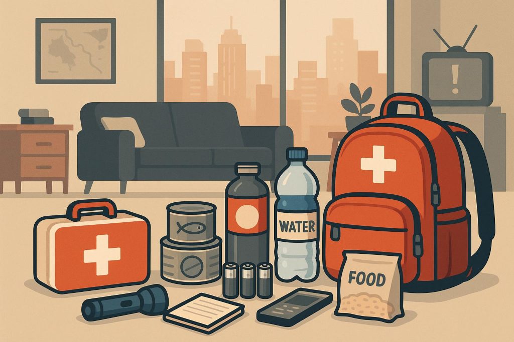 Emergency kit supplies organized in a modern apartment living room for disaster preparedness