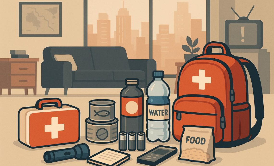 Emergency kit supplies organized in a modern apartment living room for disaster preparedness