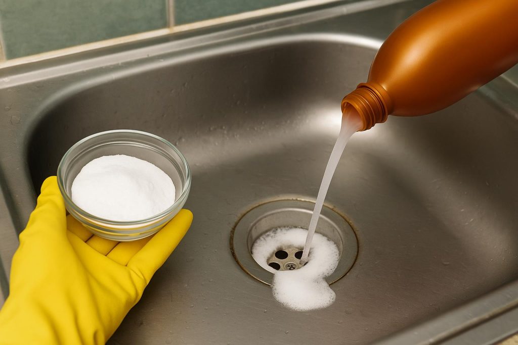 Cleaning kitchen sink drain to eliminate bad odors with baking soda and vinegar solution
