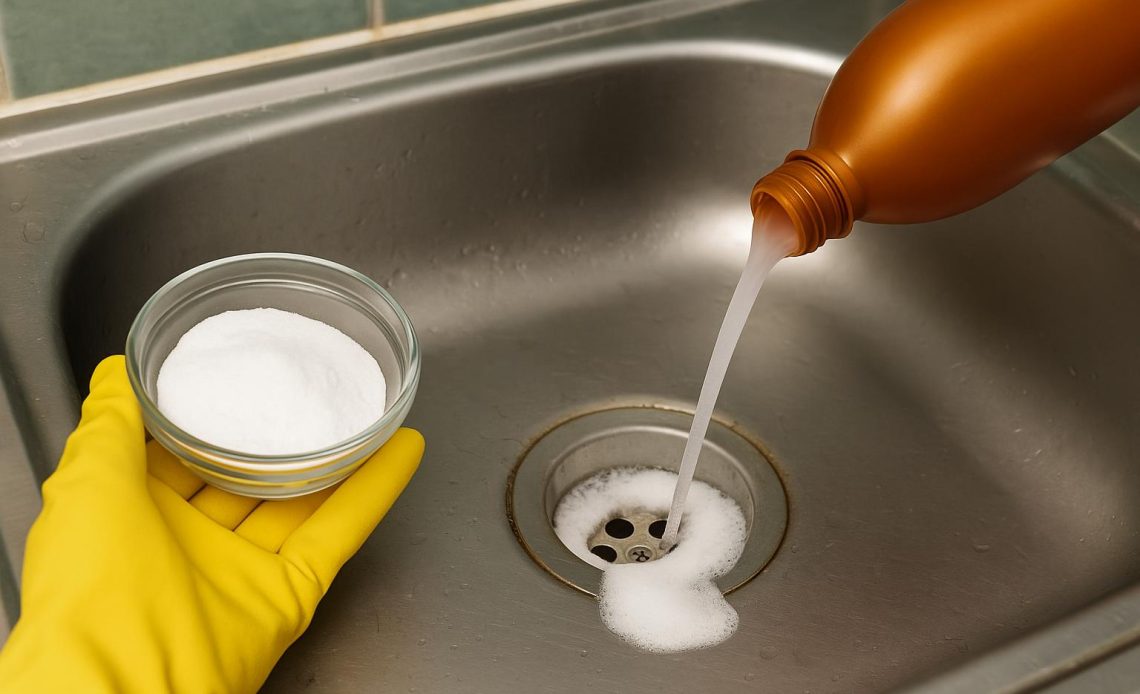 Cleaning kitchen sink drain to eliminate bad odors with baking soda and vinegar solution