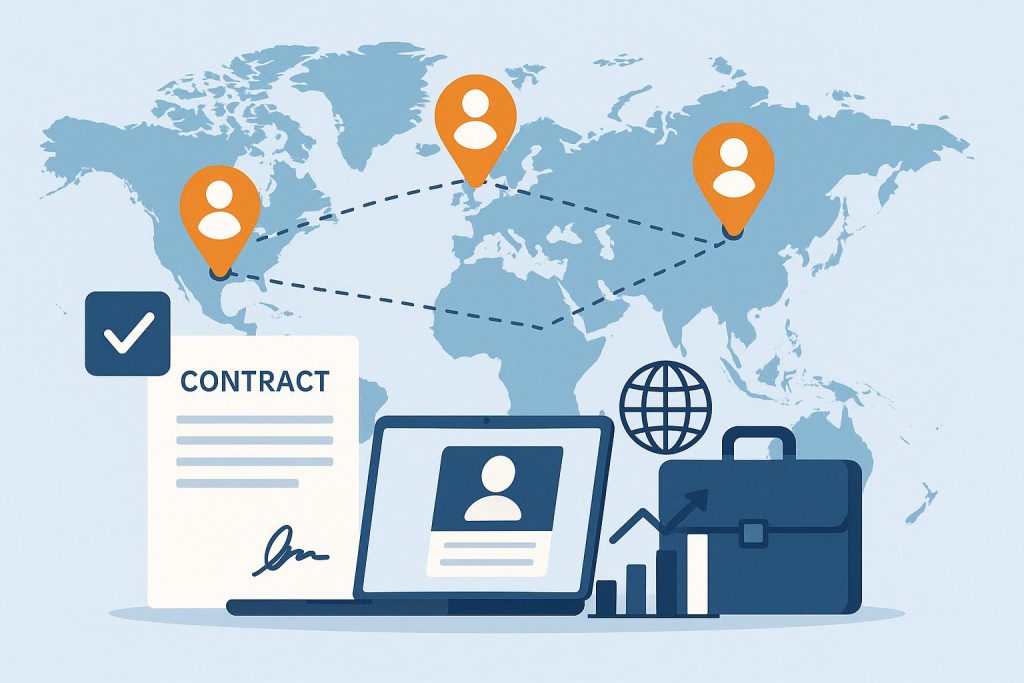 Global hiring process illustration showing EOR services enabling businesses to employ international talent