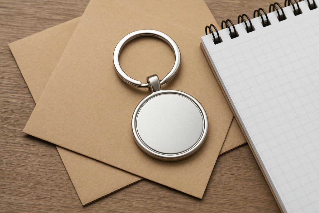 Custom keyrings displayed on a table, showcasing different materials and supplier options