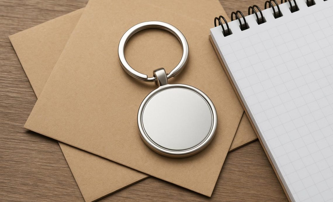 Custom keyrings displayed on a table, showcasing different materials and supplier options
