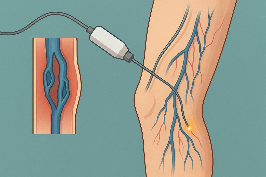 Laser treatment being performed on varicose veins for minimally invasive vein ablation procedure