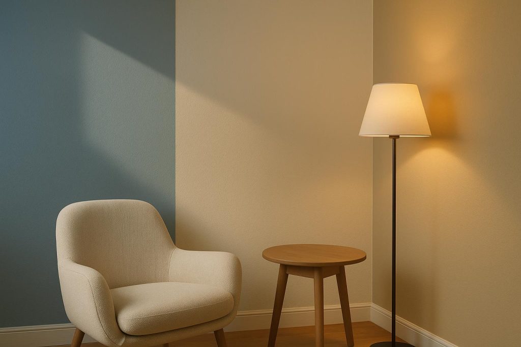 Natural and artificial lighting affecting the appearance of different wall paint colors in a living room