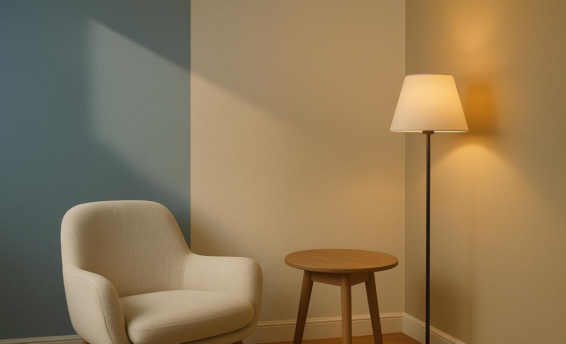 Natural and artificial lighting affecting the appearance of different wall paint colors in a living room