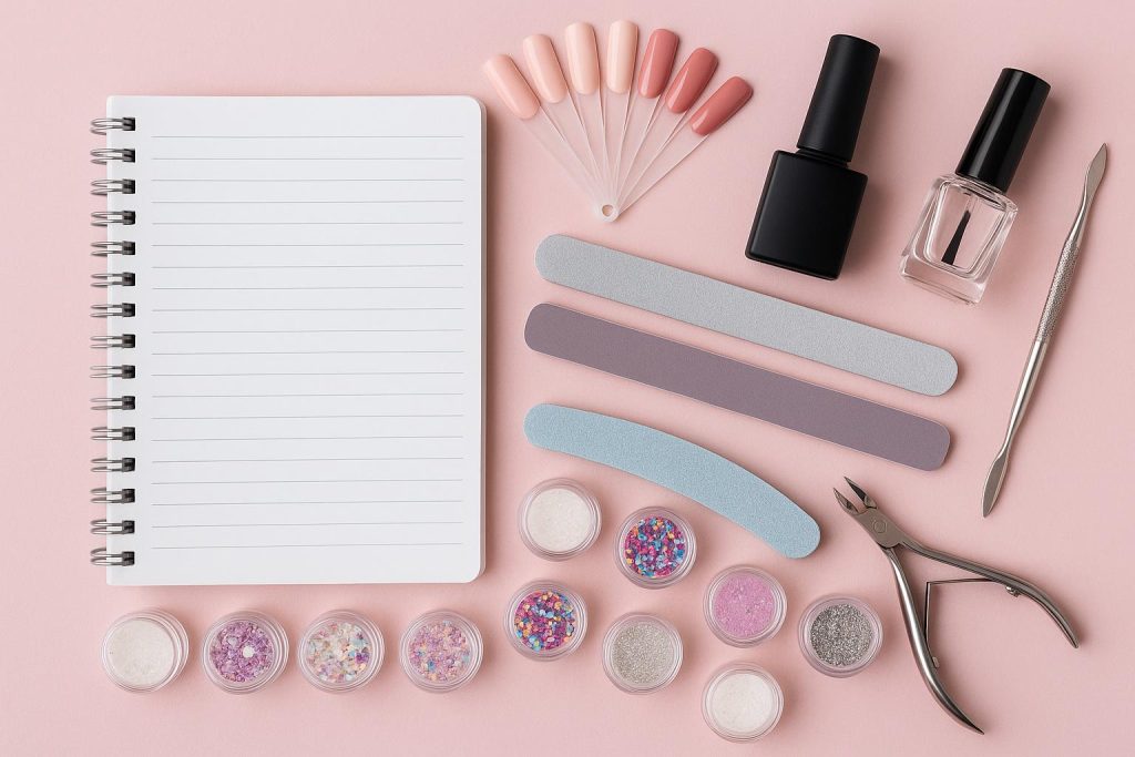 Manicured hands with nail tools and polish, representing a professional nail technician course