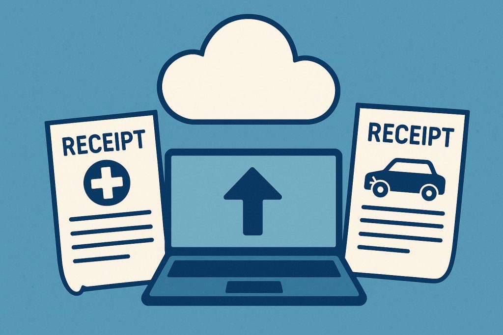 Cloud storage icons securing medical and repair receipts documentation after a car accident