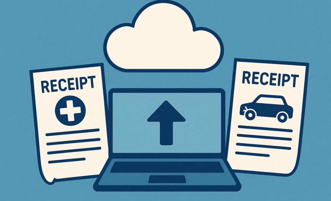 Cloud storage icons securing medical and repair receipts documentation after a car accident