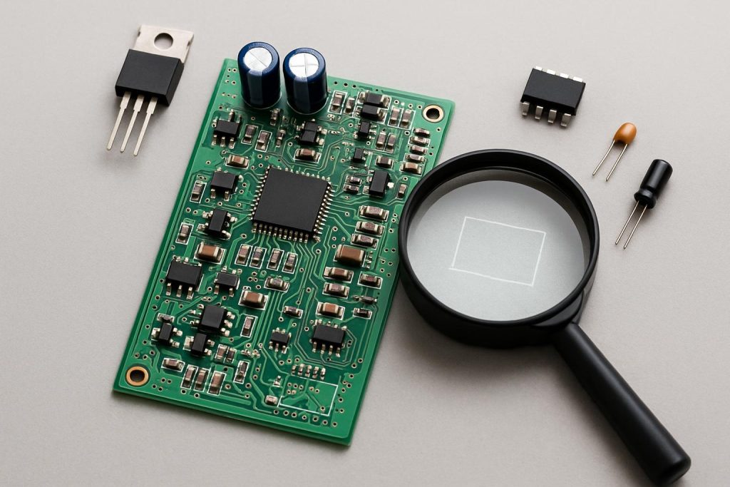 Circuit board with highlighted missing component and various electronic parts for replacement selection