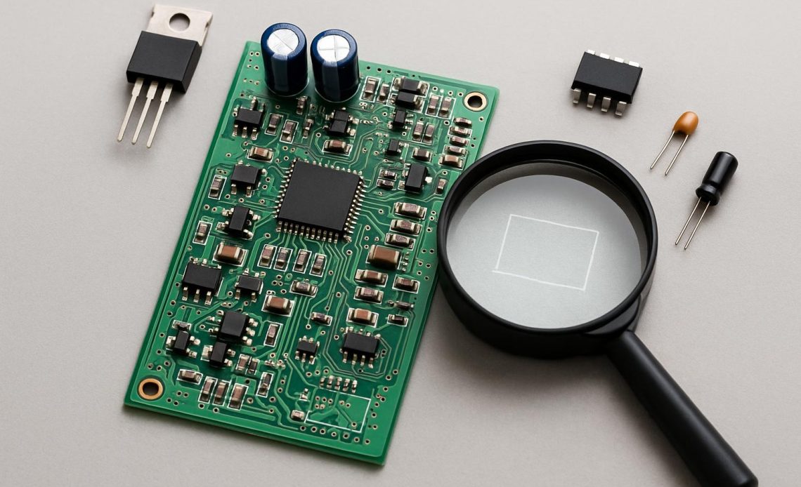 Circuit board with highlighted missing component and various electronic parts for replacement selection