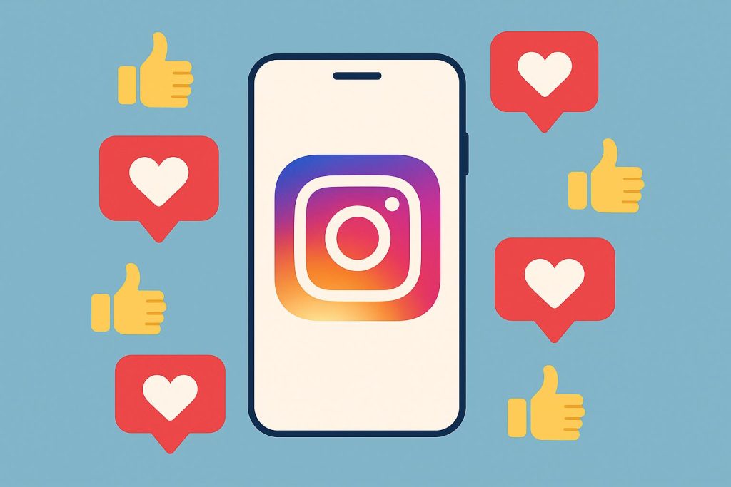 Instagram app interface with growing like counts and engagement icons for buying Instagram likes