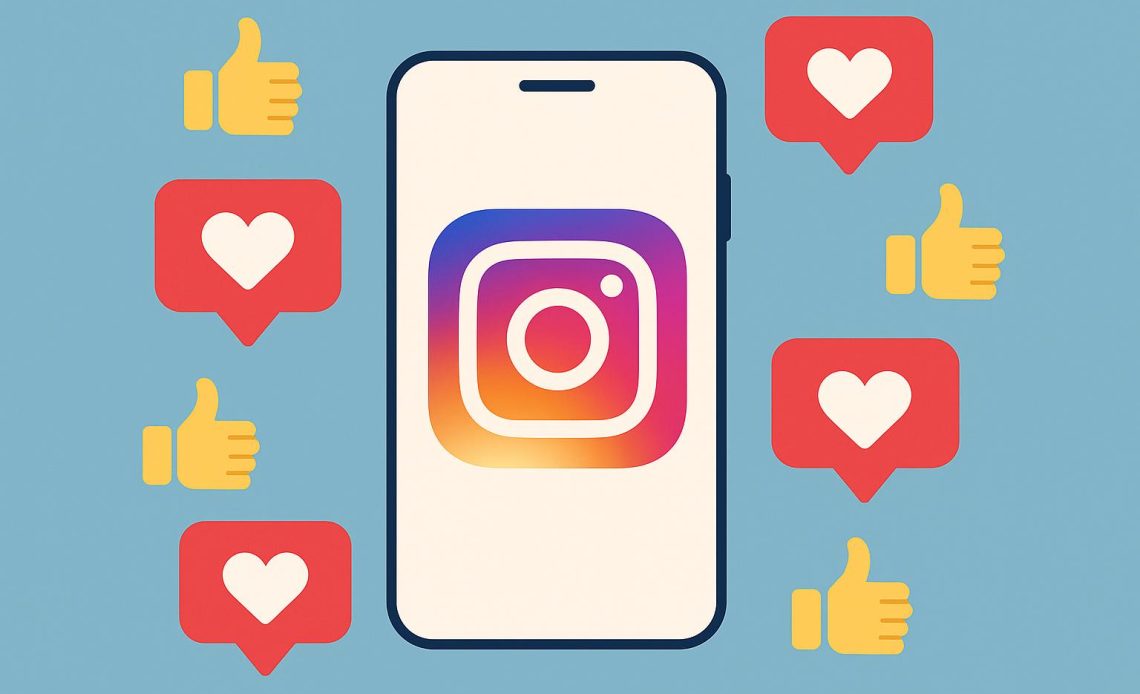 Instagram app interface with growing like counts and engagement icons for buying Instagram likes