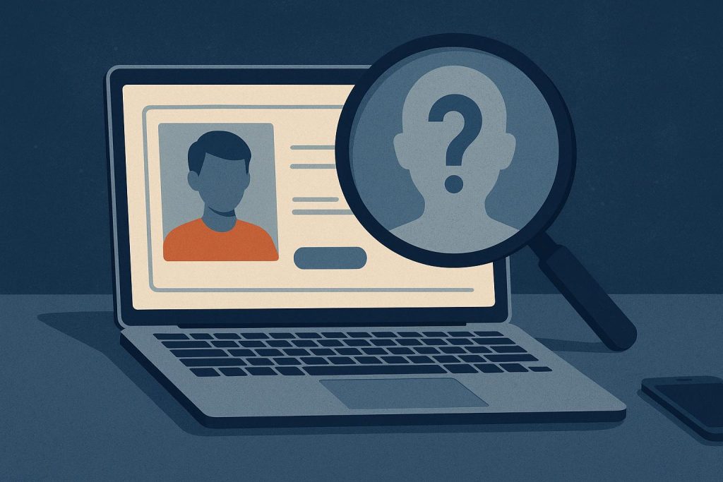 Chat conversation on laptop screen, verifying online identity for internet safety