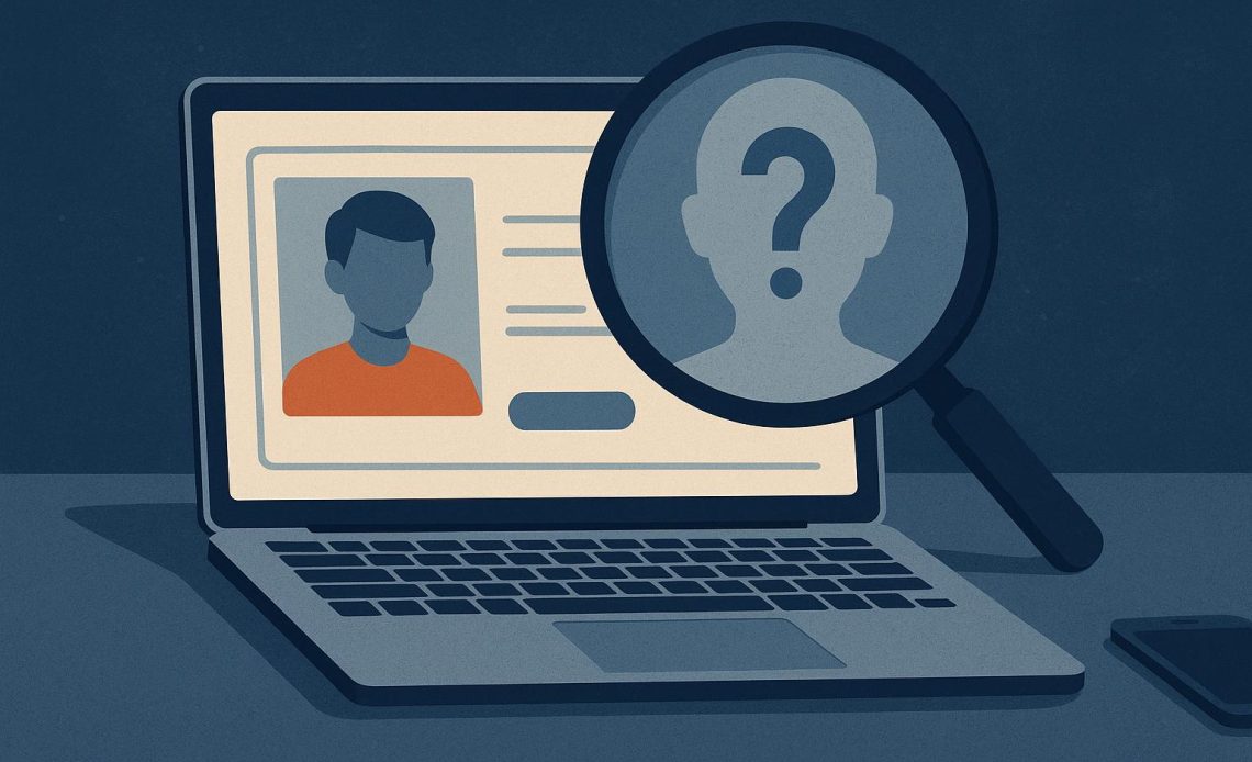 Chat conversation on laptop screen, verifying online identity for internet safety