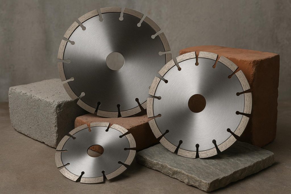 Masonry saw blades cutting concrete, brick, and stone for construction and renovation tasks